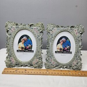 Special Moments Vtg Style‎ Sage Green Floral Ornate Oval Picture Frames Set 2
